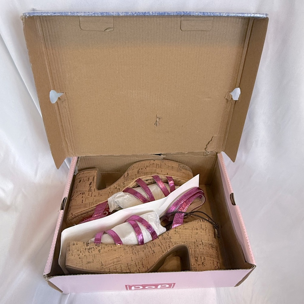 NIB POP Admission Metallic Pink Cork Heeled Sandals - Picture 13 of 14